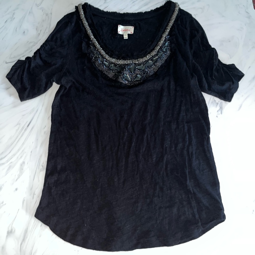 Deletta navy blue beads jewels navy scoop neck top shirt blouse m tee